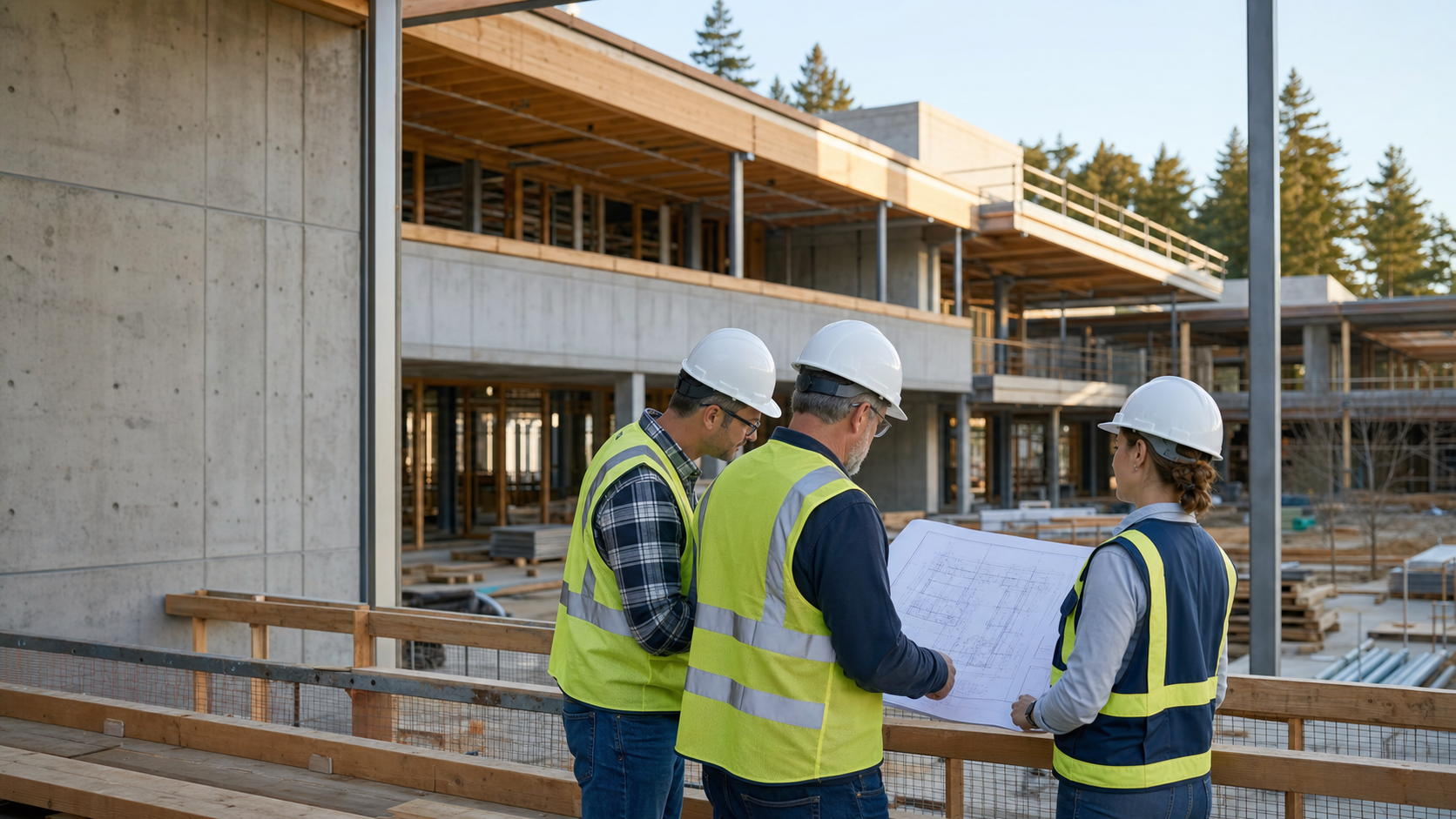 Construction team reviewing plans at an active commercial project site